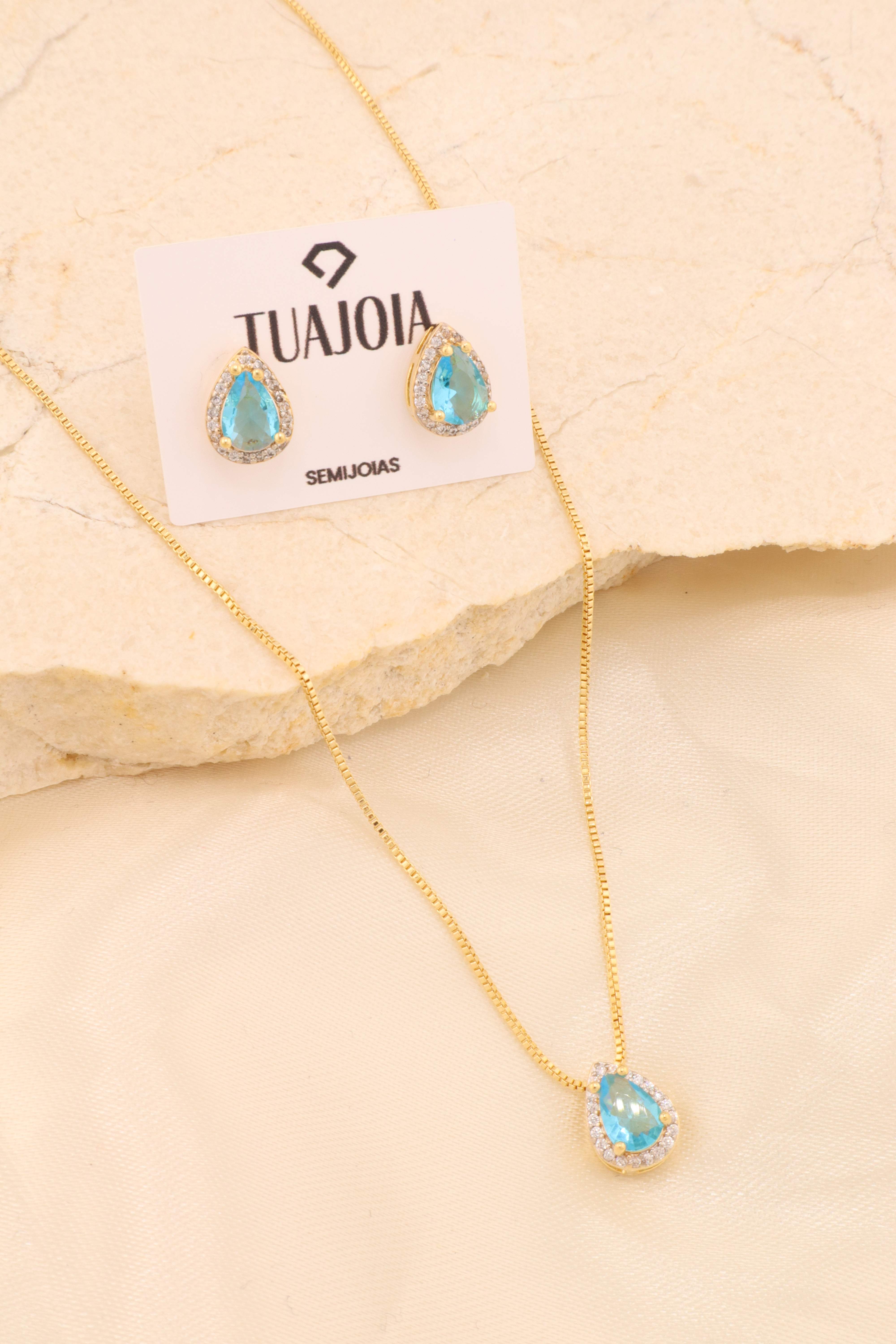 CONJUNTO GOTA ZIRCÔNIA TURQUESA