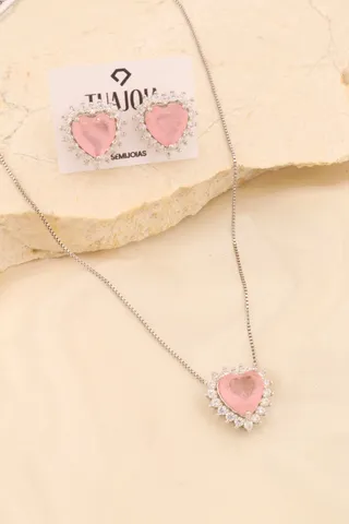 CONJUNTO CORAÇÃO ROSA BANHO RÓDIO